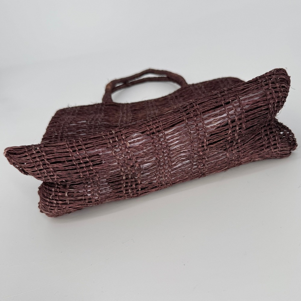 Vintage 90s J.Crew Straw Tote Bag Brown Pink Eyelet Interior Raffia Coastal Boho - Picture 3 of 11